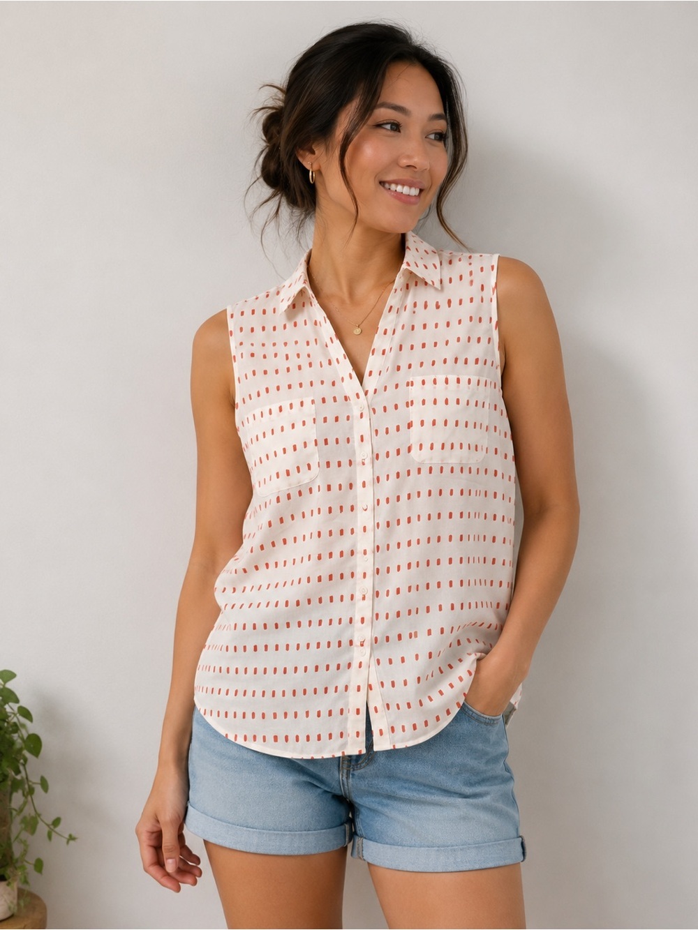 Talbots Nantucket Petite Sleeveless Button Front Blouse White Coral Print XLP